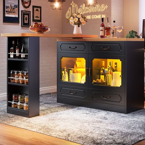 Mesa de bar extensible 135-203x39x92.8cm rotación 360° grados Iluminación LED inteligente MDF color negro (1/5)