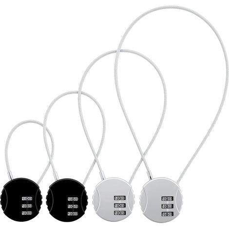 Lot de 4 cadenas à câble en acier avec combinaison, cadenas à combinaison à 3 chiffres, long corde pour avion (4 tailles) (1/5)