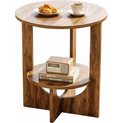 ELVMI Mesa auxiliar redonda con 2 niveles y patas en X, de MDF, para salón y dormitorio, 50x50x65 cm (1/5)