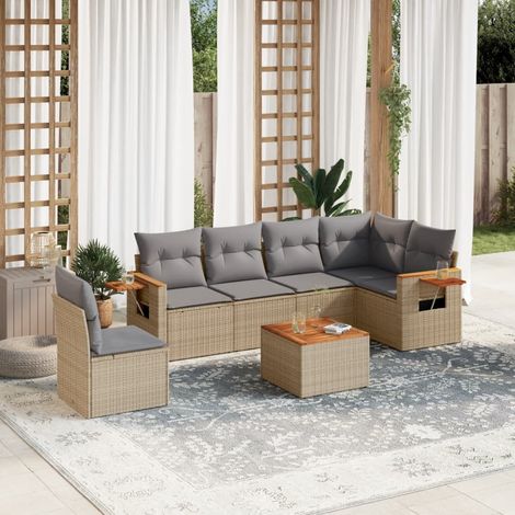 Ensemble de canapé de jardin 7 pièces avec coussins, en polyrotin beige (1/5)
