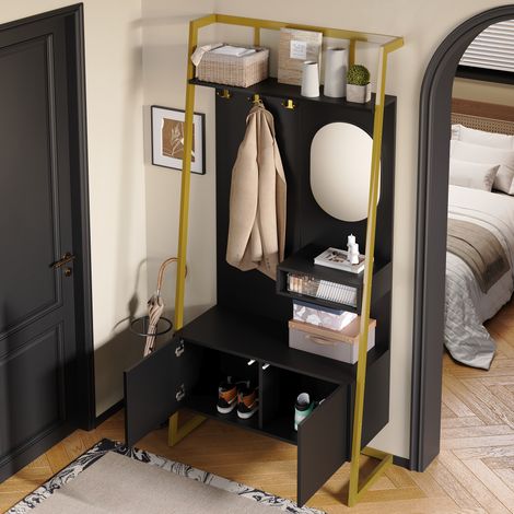 Moderne minimalistische Kompaktgarderobe, offener multifunktionaler Aufbewahrungsschrank mit Spiegel, Metallhaken und Schuhbank