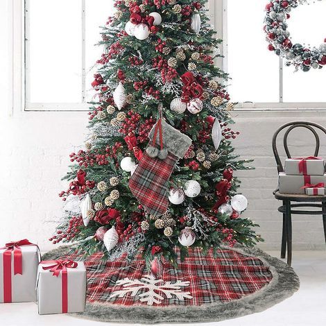 jupe De Nol Carreaux Rouges Et Flocons De Neige - 120 Cm, Dcoration De Sapin De Nol, Housse De Sapin Artificielle En Laine, Dcoration De Sapin De (1/5)