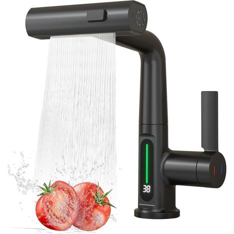 Kitchen Faucet with Pull-Out Sprayer, Digital LED Temperature Display, 360° Swivel Faucet, Black (1/4)