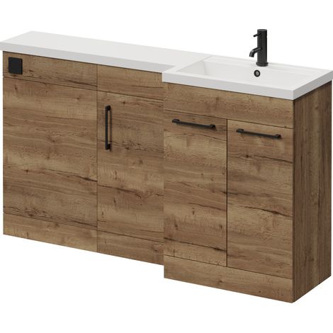 Napoli 390 Tobacco Oak 1500mm 3 Door Vanity Unit Toilet Suite with Right Hand Square Lucia Basin - 1500mm - Matt Black 160mm HandleWithout Kingston Toilet Pan
