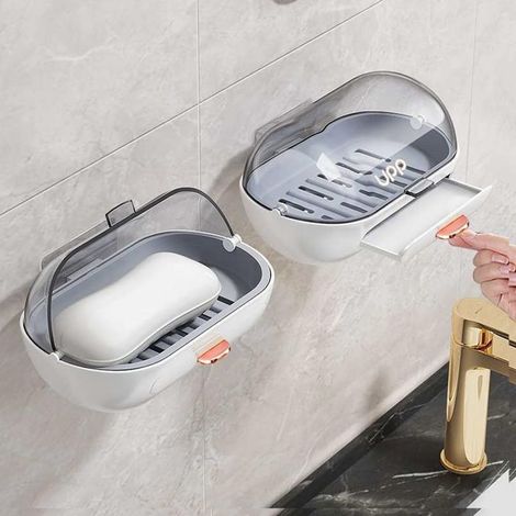 Juego de 2 jaboneras con tapa, soporte de jabón de pared, caja de jabón de pared para ducha, baño, bañera, fregadero de cocina, adhesivo incluido. (1/5)