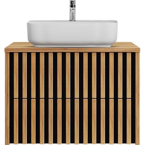 Badezimmer Waschtisch 80 cm mit Keramik Aufsatzwaschbecken LUCCA-107 in Eiche Nb. mit schwarz, B/H/T: ca. 80,4/76,5/45,5 cm (1/5)