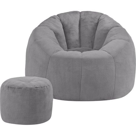 Pouf fauteuil fleur avec repose-pieds assorti, revêtement peluche effet lapin gris, assise moelleuse ergonomique pour salon, chambre et balcon - CHICFURN (1/5)
