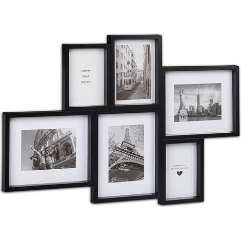 Cadre Photo pêle-mêle, 6 Images, Format Portrait et Paysage, Mural, Plastique, HxL : 51 x 75,5 cm, Noir (1/5)