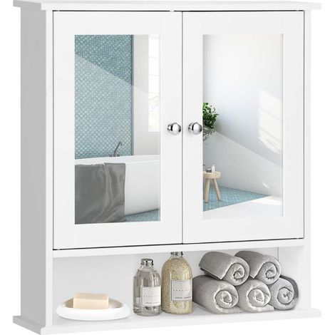 Goplus – Armoire murale de salle de bain avec miroir – MDF blanc – 56x13x58 cm – 2 portes – 3 étagères réglables – Résistante à l'humidité (1/5)