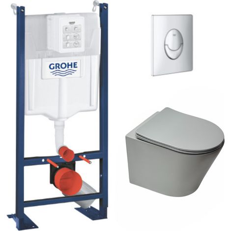 Grohe – Pack WC bâti autoportant – WC suspendu sans bride gris mat – Abattant softclose – Plaque chrome – Installation rapide et facile (1/5)