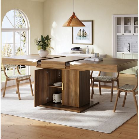Table à manger extensible 140-180x90 cm avec rangement intégré, portes rainurées, MDF et métal brun (1/5)