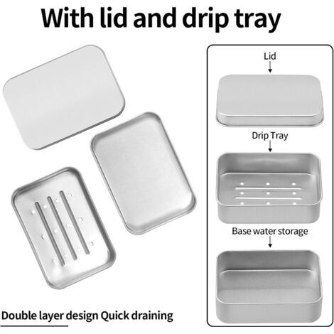 Jabonera de aluminio con 3 soportes y escurridor extraíble, sin plástico y apta para todo tipo de jabones sólidos. Jabonera de viaje, caja metálica, ideal para el hogar o para viajar. (1/4)