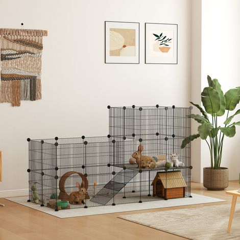 Enclos pour lapins nains. Clapier à 39 panneaux pour petits animaux. Avec rampe. Pour petits animaux. Usage intérieur. Noir. (1/5)
