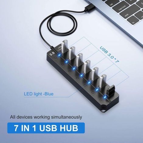 Hub USB - 7 Ports - USB 3.0 - 5 Gbit/s - Indicateur Lumineux Par Port - Bouton Marche/Arrêt - Câble 1 M - Pour Ordinateur Portable Et Bureau (1/5)