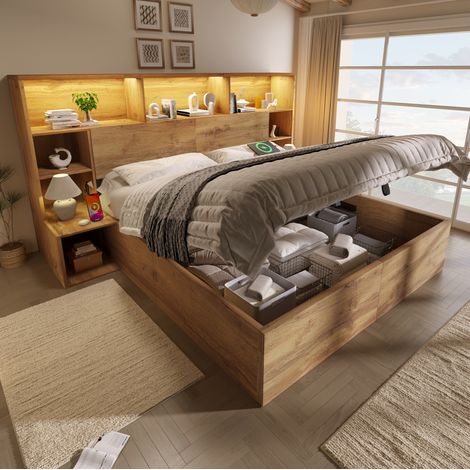 Cama con canapé 180x200 cm con LED, USB-C, mesillas integradas, roble OKMYHOME (1/5)