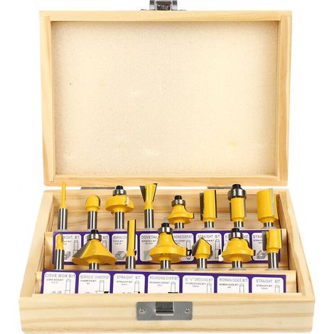 15Pcs Tungsten Carbide Tipped TCT Router Bits 1/4'' Shank Sealed Bearing Bit Set (1/5)