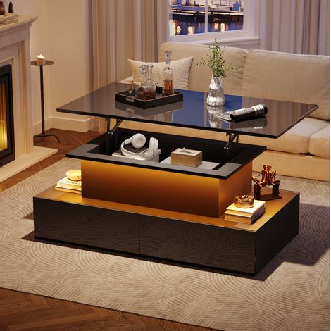 Tavolino LED con piano sollevabile, 4 cassetti, 90 x 55 x 41 cm, nero lucido HAVRYA (1/5)