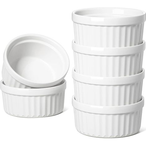 Ramequins de 120 ml (4 oz) allant au four, ramequins à crème brûlée, ramequins à pudding et à crème anglaise, ramequins à soufflé, coupelles à trempette, lot de 6 ramequins en céramique, blancs (1/4)