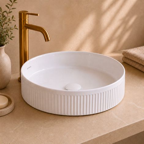 Vasque à poser ronde cannelée Ø 42 cm en céramique blanche - LYRA - INOBATH (1/4)