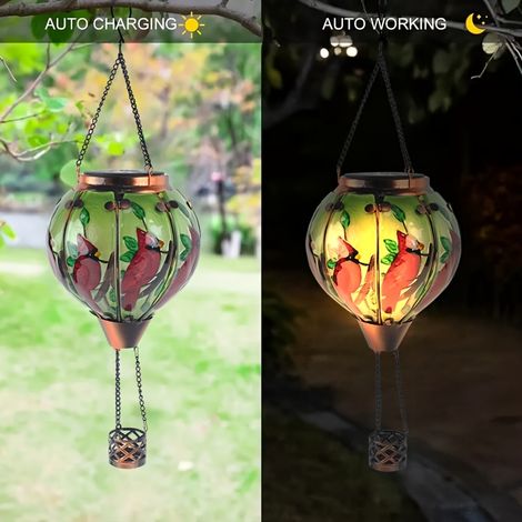 1 lampe suspendue en verre, forme de montgolfière, oiseau rouge et coccinelle, alimentée à l'énergie solaire - Batterie NiMH 600 mAh, décoration de jardin extérieure aux couleurs vives[YJD][YJD]-AquaF