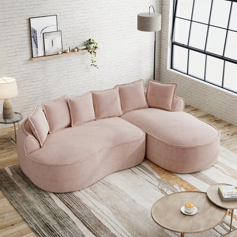Canapé d'angle modulable sans structure, en chenille douce et confortable, avec assise profonde et méridienne moderne. Très grand modèle, coussins inclus, idéal pour le salon, rose.