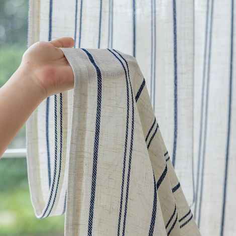 Rideau Voilage 140x245cm Lin Beige à Rayures Verticales Bleu Marine 2er (1/5)