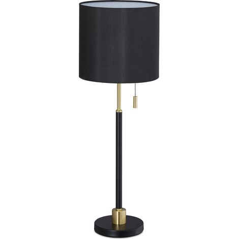 Relaxdays Lámpara Mesa, Interruptor de Cadena, Luz Mesita Noche Elegante, Pantalla Tela, E27, 69 x 24 cm, Negro y Dorado