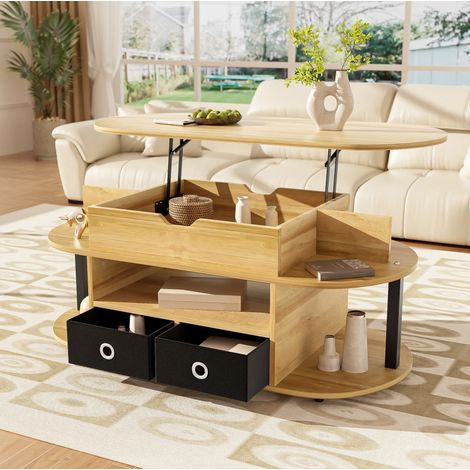 Table basse relevable 105x50x45/60 cm noir et bois en panneau de particules avec rangement et tiroirs en tissu (1/5)