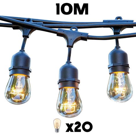 Guirlande lumineuse de Noël 20 ampoules E27 10M – Alimentation secteur 220V – Protection IP64 contre éclaboussures – 2000 lumens – Lumi Jardin