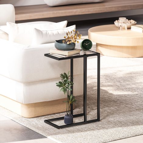 C-förmiger Couchtisch aus Glas und Stahl, 46 x 25 x 63,5 cm, Schwarz