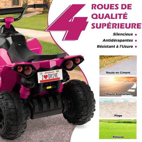 Quad électrique enfant rose 12 V avec 2 vitesses, klaxon, musique et phares LED pour jardin et plein air (1/5)