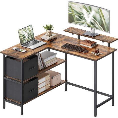 Bureau d'Ordinateur en Forme de L, Bureau d'angle, 2 Tiroirs Spacieux, Support de Moniteur, Étagère Réglable, Marron Rustique et Noir d’Encre LWD097B01 (1/5)