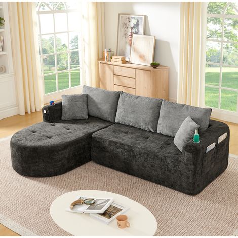 Canapé d’angle noir en tissu effet lin avec porte-gobelet inox, poches latérales et design sans montage (1/5)
