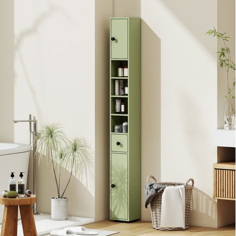 Meuble de salle de bain 20x20x180 cm vert en bois avec tiroir, étagères ouvertes et rangement étroit (1/5)