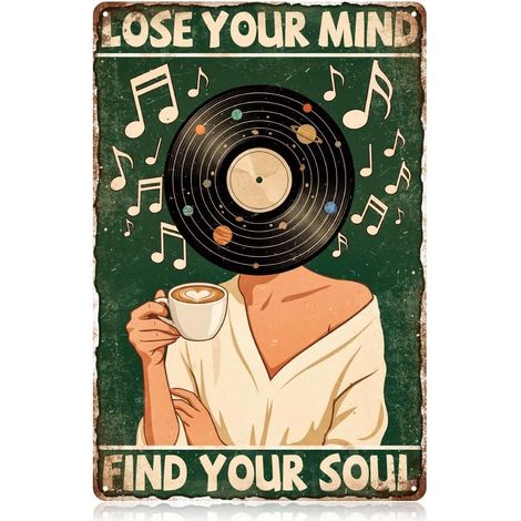 Enseigne en Métal Vintage Fille Pin up Platine Vinyle30x20cm Perdez Votre Esprit Trouvez Votre Âme Enseigne d'Art Rétro Décor Amusant Fille Musique Mode Plaque Cadeau pour Bar Mur Poster (1/5)