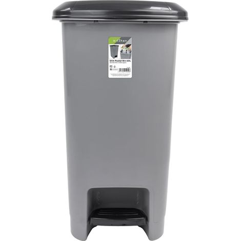 JVL Slim Plastic Lidded Foot Pedal Waste Bin, 60L, Grey (1/5)