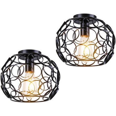 royaluxe- 2PCS Lampe De Plafond Luminaire Cage Ronde Luminaire Plafonnier En Fer Métallique Plafonnier Rétro Vintage Pour Club Bar Café Noir