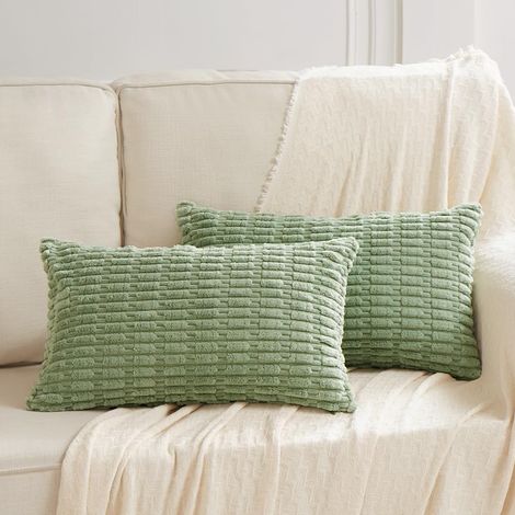 Lot de 2 Housses de Coussin Lombaire décoratives rectangulaires en Velours côtelé uni et Doux, pour Salon, canapé, Chambre à Coucher, 30 x 50 cm, Vert Sauge (1/5)