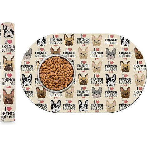 Tapis pour gamelles d'eau et d'alimentation pour chiens et chats, sûr et écologique, facile à nettoyer, absorbant et antidérapant (30 x 48 cm, motif bouledogue). (1/5)