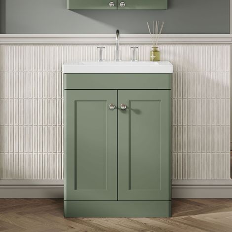 Nuie Classique Floor Standing 2-Door Vanity Unit with 3TH Contemporary Basin 600mm Wide - Satin Green