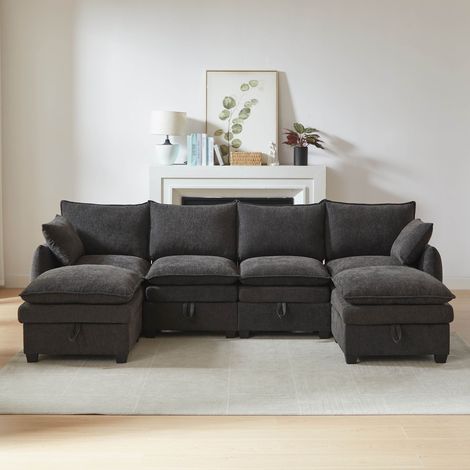 Canapé d'angle en U avec espace de rangement 281 x 147 x 89 cm Canapé modulable 6 places avec deux poufs et coussins Chenille Gris (1/5)