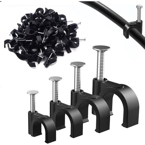 Lot de 200 colliers de serrage muraux ronds - 4 tailles (4 mm, 6 mm, 8 mm, 10 mm) - Support de câble avec clou pour organiser Ethernet, USB, câbles téléphoniques (noir) (1/5)