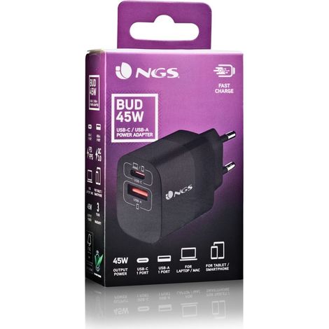 Cargador de Pared NGS Bud/ 1xUSB Tipo-C/ 1xUSB/ 45W