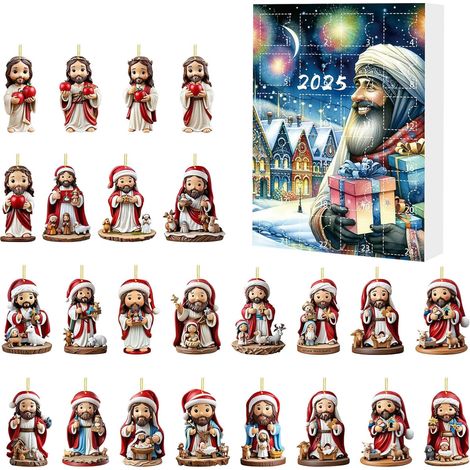 Calendrier de Noël Calendrier de compte à rebours de 24 jours avec pendentif Jésus – Ornement festif en acrylique 2D pour rassemblement, activités, festival, fête, maison, décoration murale