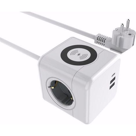 MicroConnect Power Cube con carga inalámbrica, 3 enchufes Schuko, 2 puertos USB A, 1 puerto USB-C, cable de 1,5 m, blanco, MC-CUBE015WIC