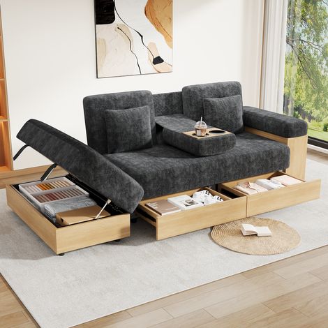 TKOPY - Canape 2 places avec dossier réglable - canape convertible avec accoudoirs - avec tiroir - avec porte-boissons et banc de rangement - canape 2 places style contemporain - chenille – gris (1/5)