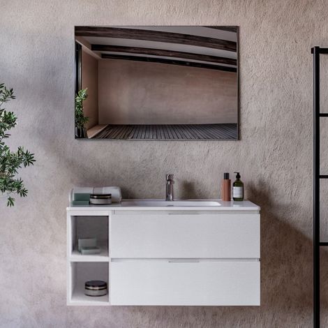 Mobile bagno sospeso bianco porcellana con vani a giorno a sinistra 100 120cm armony, misura 100