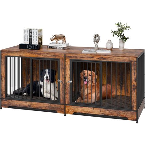 Cage à chien en bois 75" pour 2 chiens, double porte avec séparateur, meuble TV pour grandes races, brun. (1/5)
