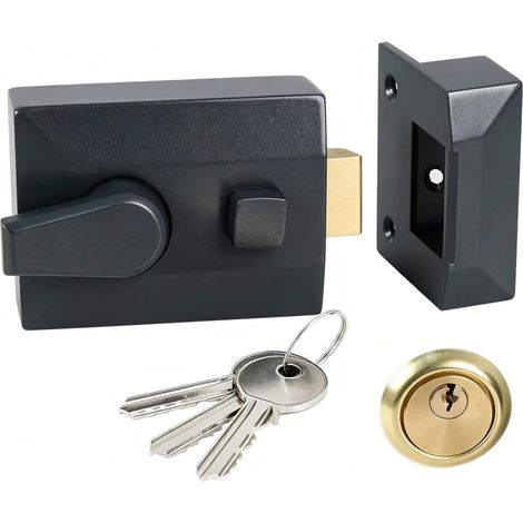 Verrou de nuit à verrouillage automatique - Cylindre de jante en laiton massif, 3 clés, distance de 60 mm, serrure de porte extérieure en chrome satiné pour portes d'entrée de 38 (1/5)