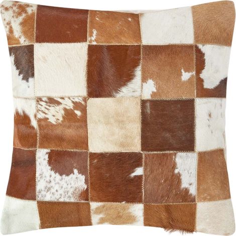 HOMESCAPES Patchwork Kissen Leder 45x45 cm, Fell-Kissen creme-braun kariert